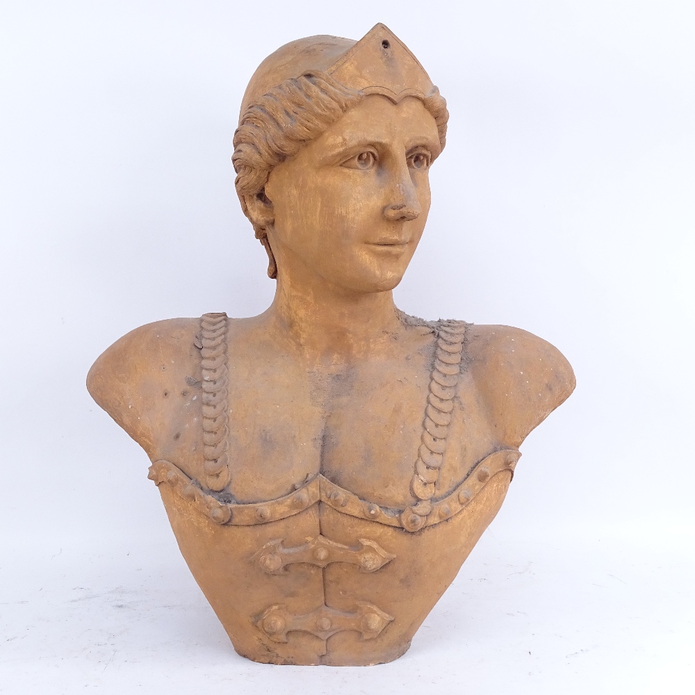 A large Antique clay female bust sculpture, depicting female in bodice wearing a helmet, sculpture