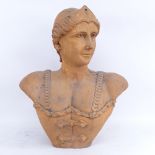 A large Antique clay female bust sculpture, depicting female in bodice wearing a helmet, sculpture
