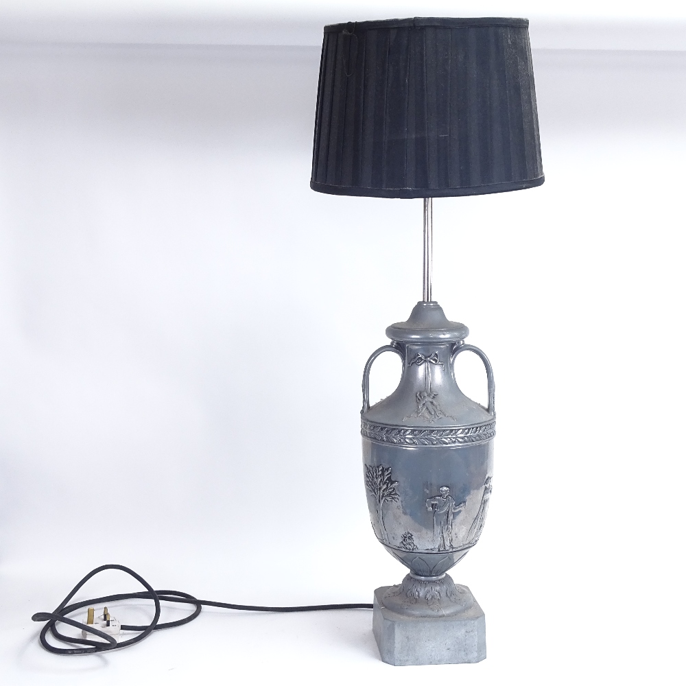 A Victorian style aluminium pedestal urn table lamp, relief embossed Classical figure and Adam style - Image 2 of 3