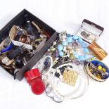 A box of mixed modern costume jewellery, cufflinks, and a selection of modern mixed wristwatches