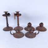 3 pairs of German Arts and Crafts hammered iron candlesticks and chamber sticks, by Hugo Berger,