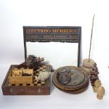 Various wood carvings and pediments, folding games box, chessmen etc