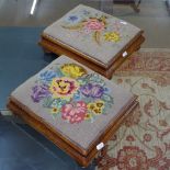 A pair of small Victorian mahogany button footstools, with tapestry upholstery, W33cm, H10cm