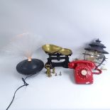 Vintage red dial telephone, set of cast iron scales, industrial style wrought-metal hanging light