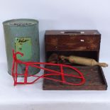 An engineer's pine tool cabinet, painted iron stand, and a Vintage tin Valor oil dispensing can, can