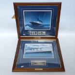 A pair of RMS Titanic commemorative postage stamps and lithographs, framed (2)