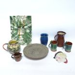 Various Studio pottery and ceramics, including Sophie MacCarthy jug, green man glazed plaque etc