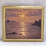 Roger De La Corbiere (French 1893 - 1974), oil on canvas, rocky coastal sunset, 45cm x 54cm, framed
