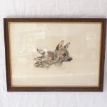Monochrome etching, study of deers, indistinctly signed, framed