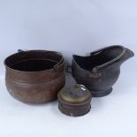 A Vintage painted sectional travelling spice box, and 2 copper coal buckets (3)