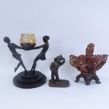 An Art Deco style resin candle holder, an Oriental carved soapstone incense burner, and a resin