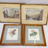 Pair of coloured prints, Venetian studies, and a pair of framed botanical prints, maple-framed (4)