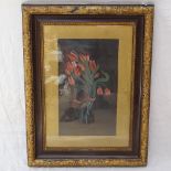 Oil on canvas, still life study of tulips, signed with monogram, 43cm x 25cm, giltf-framed