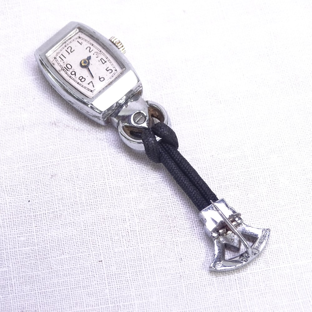 An Art Deco silver paste and enamel lapel fob watch, by W Beeker, case width 14mm - Image 2 of 2