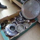 A tray of plated ware, to include rose bowl, centre dish, candle stand, brassware etc