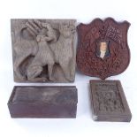 Various wood carvings, chess piece box, and a shield-framed print (4)