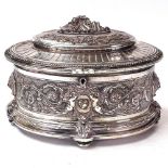 A silver plate on copper oval jewel box, inscribed Olldfy Pre Editeuf, relief embossed cherub and