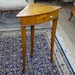 A 19th century walnut corner console table, with single drawer and triangular tapered legs, W47cm,