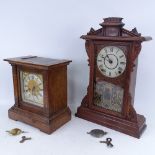2 oak-cased 2-train mantel clocks, largest height 50cm (2)