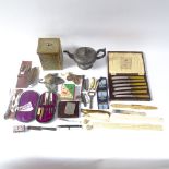 A brass-bound tea caddy, leather-cased sewing kit, brass walnut inkwell etc