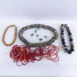 Various hardstone bead necklaces, including large polished banded agate prayer string, and a large