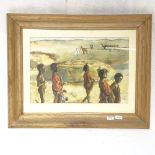 Watercolour, Middle Eastern figures in the desert, 23cm x 33cm, pine-framed