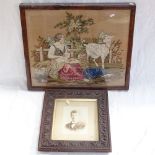 19th century needlework study, figures and goats, rosewood framed, and an early 20th century