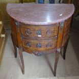 A Continental mahogany demilune console table with marble top, 2 frieze drawers, on tapered legs and