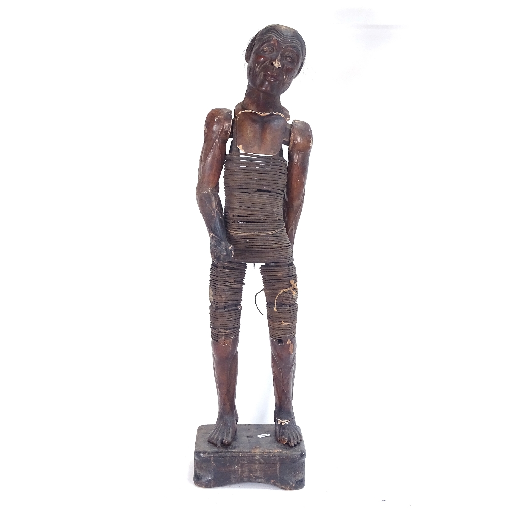 A 19th century carved and lacquered wood figure of an elderly man, bentwood-bound body with - Image 2 of 3