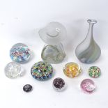 Millefiori and other glass paperweights, and 2 glass vases, tallest 20cm