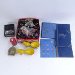 A pair of painted chick carriages, Vintage Happynak money bank, various coins and buttons, etc