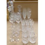 Cut-crystal Whisky tumblers, including Royal Brierley, champagne flutes, 2 decanters, etc