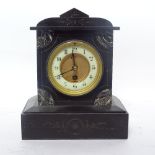 A slate-cased 30-hour mantel clock with veined marble corners, case height 27cm