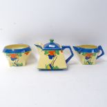 Art Deco Barker Brothers teapot with stylised painted floral design, matching sugar bowl and jug