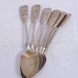 A set of 6 Victorian silver Fiddle pattern dessert spoons, London 1877, maker's mark HH for Henry