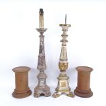 A 19th century painted and gilded pricket table candlestick, a silvered carved wood converted