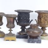 2 cast-brass Grand Tour style campana urns, 2 brass urns on stands, and a brass pot, largest overall