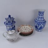 Oriental blue and white jar and cover, 30cm, vase, teapot, and decorative plates