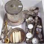 A box containing silver-handled button hook, shoe horn, plated biscuit barrel, pocket watches,