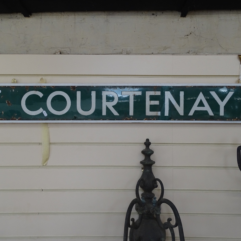 A Vintage green and white enamel Sampford Courtenay enamel railway sign, mounted on wood backing, - Image 3 of 3