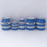 A T G Green Cornishware sugar caster and cover, cheese crock, and 3 kitchen storage jars