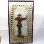 A large reverse painted and gilded archer pub window panel, overall height 120cm, overall width 69cm