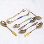 A set of 6 silver-gilt and coloured enamel teaspoons, with matching sugar tongs, by Frigasi of
