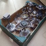 A tray of plated items, to include coffee pots, a pair of Victorian fluted candle stands, a sauce