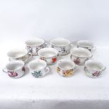 10 ornamental Portmeirion chamber pots with floral designs, largest 18cm diameter