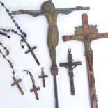 Various painted wood and metal crucifix, largest height 32cm