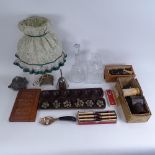 Various collectables, including glass decanters, chess pieces, onyx table lamp, etc