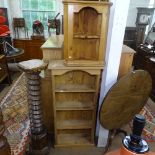 A pine floor standing open bookcase, W60cm, D25cm, H123cm, and a small hanging pine corner open