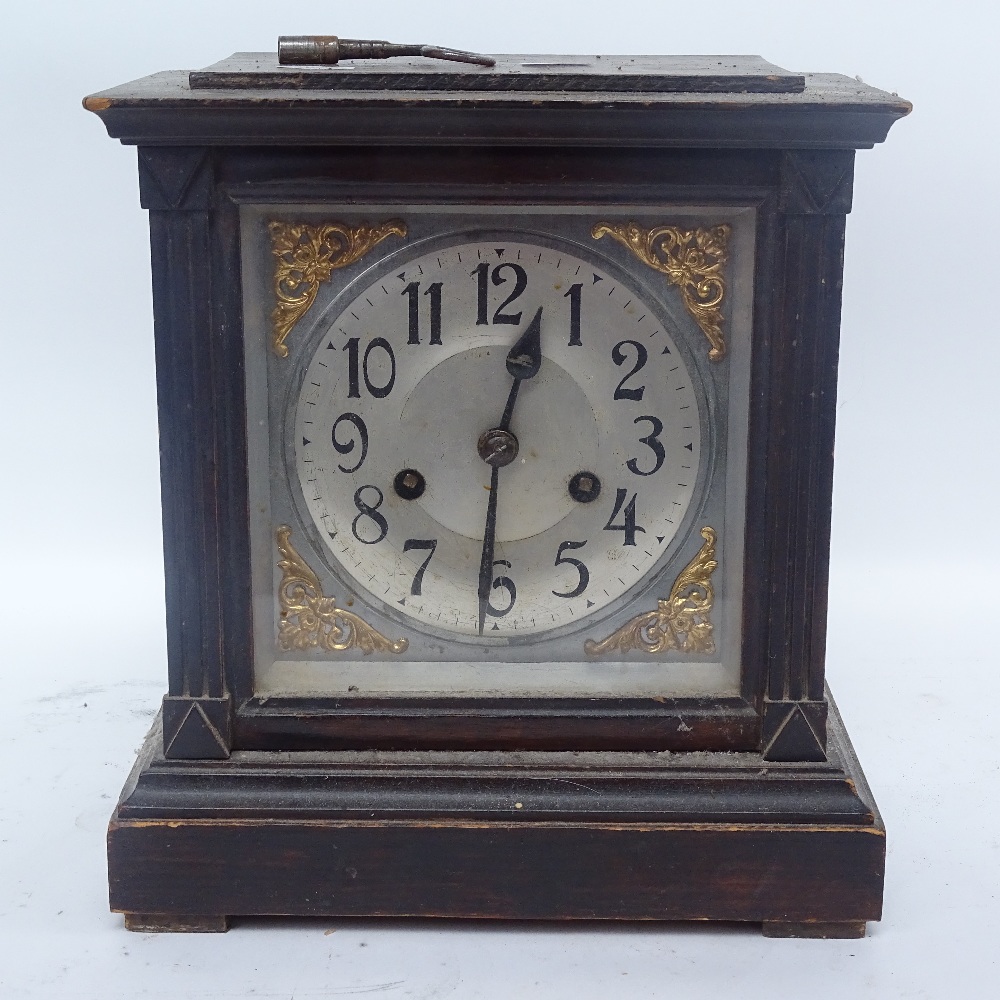 A large slate and brass architectural mantel clock, and an oak-cased 2-train mantel clock, largest - Image 3 of 3