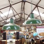 A pair of Vintage green and white enamel industrial ceiling light shades, shade diameter 35cm (2)